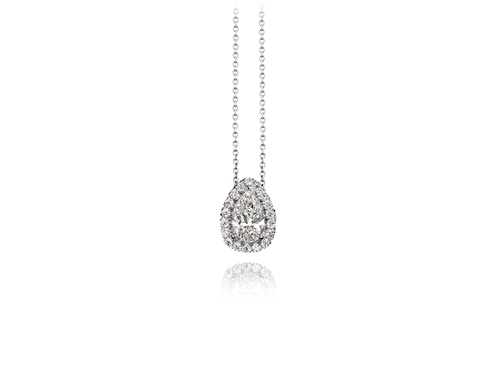 Pear shape and round brilliant cut diamond halo pendant in 18k white gold.