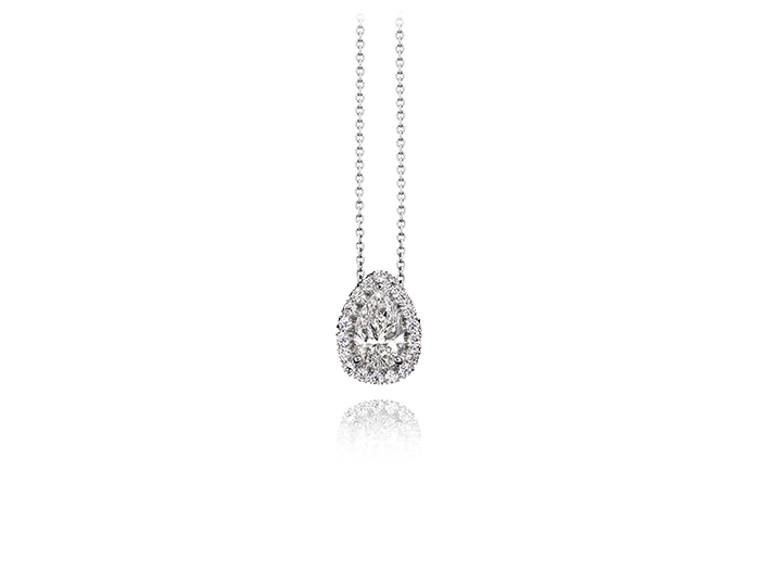 Pear shape and round brilliant cut diamond halo pendant in 18k white gold.