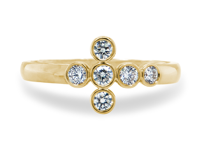 Round brilliant cut diamond cross ring in 18k yellow gold.