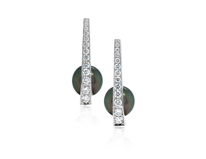 Black south sea pearl and round brilliant cut diamond earrings in 18k white gold.
