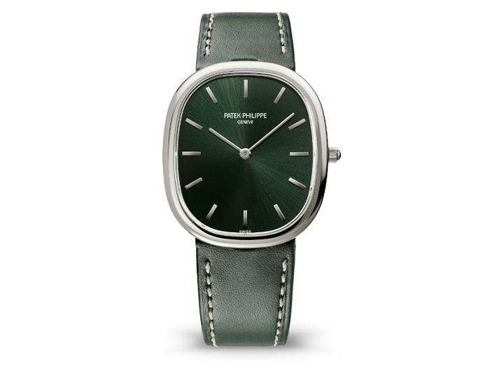 Patek Philippe Golden Ellipse ref. 3738/100G-014 featuring a self-winding mechanical movement, sunburst olive green dial, and a 31.1x35.6mm 18k white gold case on a calfskin strap with a prong buckle.