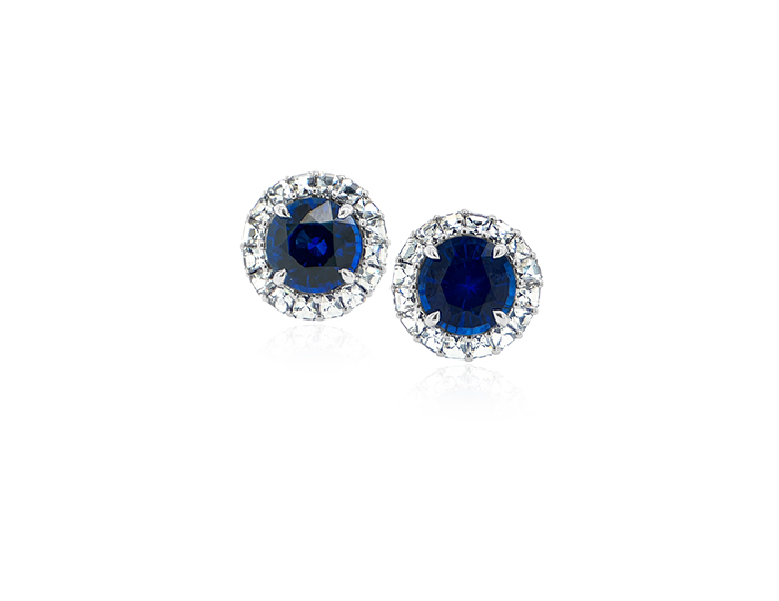 Sapphire and blaze cut diamond earrings in 18k white gold.