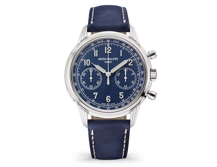Patek Philippe Chronograph, mechanical manually-wound movement, white gold, 41mm case, blue dial with tachymeter scale, navy blue calfskin strap with fold-over clasp. (5172G-001)