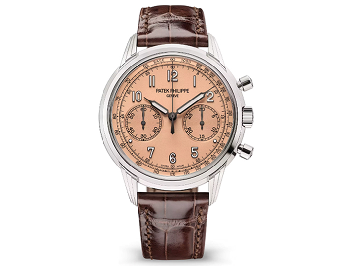 Patek Philippe Chronograph ref. 5172G-010 featuring a manually wound movement, rose-gilt opaline dial, and a 41mm 18k white gold case on an alligator strap with a fold-over clasp.