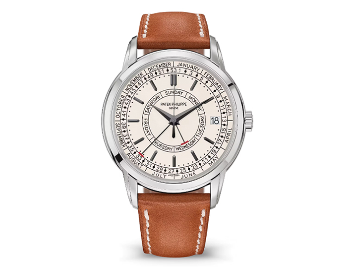 Patek Philippe Weekly Calendar ref. 5212A-001 featuring a self-winding mechanical movement, silvery opaline dial, and a 40mm stainless steel case on a calfskin strap with a prong buckle.