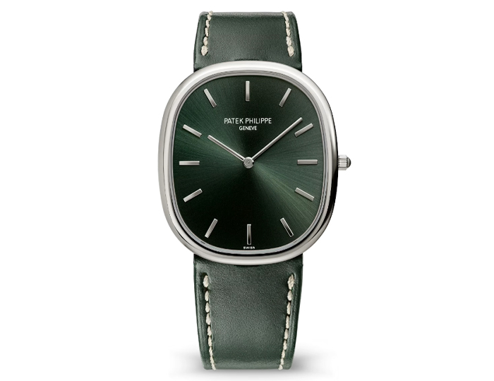 Patek Philippe Golden Ellipse ref. 5738G-001 featuring a self-winding mechanical movement, sunburst olive green dial, and a 34.5x39.5mm case on a calfskin strap with a prong buckle.