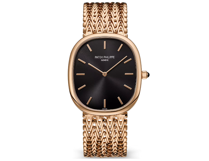 Patek Philippe Golden Ellipse ref. 5738/1R-001 featuring a self-winding mechanical movement, sunburst ebony black dial, and a 34.5x39.5mm case on an 18k rose gold bracelet.