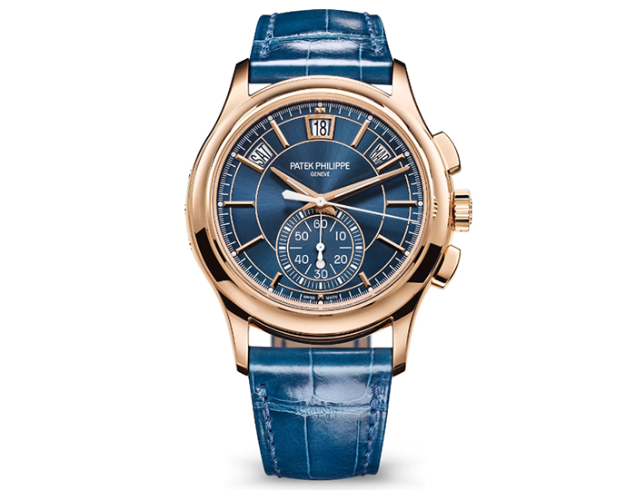 Patek Philippe Annual Calendar Chronograph ref. 5905R-010 featuring a self-winding mechanical movement, sunburst blue dial, and a 42mm 18k rose gold case on an alligator strap with a prong buckle.