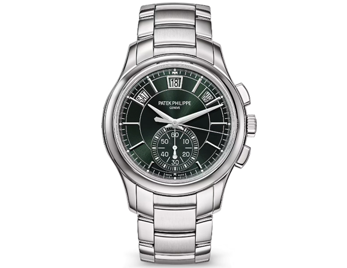 Patek Philippe Annual Calendar Chronograph ref. 5905/1A-001 featuring a self-winding movement, sunburst olive green dial, and a 42mm stainless steel case on a stainless steel bracelet.