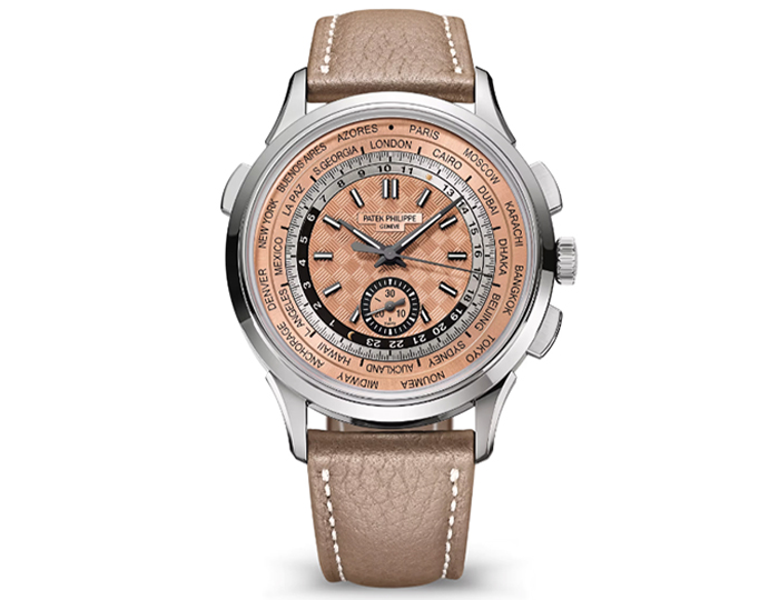 Patek Philippe World Time Chronograph ref. 5935A-001 featuring a self-winding mechanical movement, rose-gilt opaline dial, and a 41mm stainless steel case on a calfskin strap with a fold-over clasp.