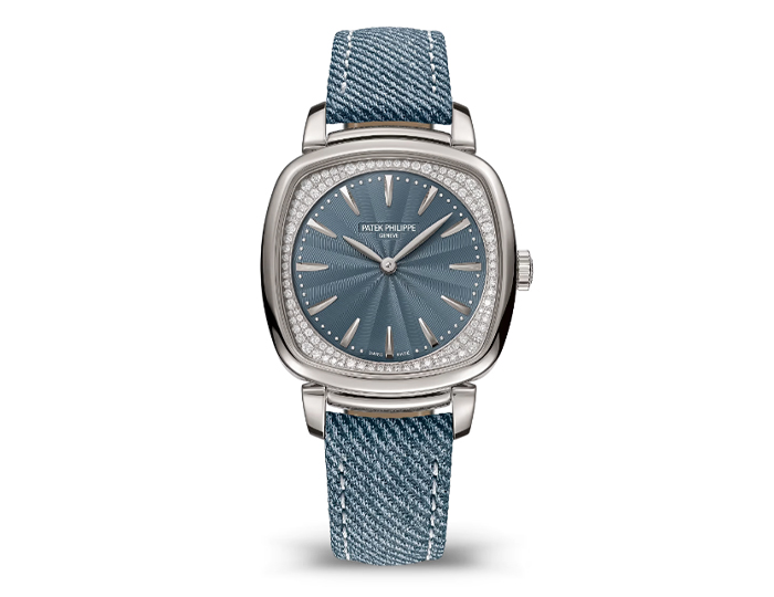 Patek Philippe Gondolo ref. 7043G-001 featuring a quartz movement, an embossed blue-gray opaline dial with a diamond-set dial flange, and a 31x34.8mm 18k white gold case on a calfskin strap.