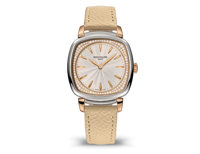 Patek Philippe Gondolo ref. 7043GR-001 featuring a quartz movement, an embossed silvery opaline dial with a diamond-set dial flange, and a 31x34.8mm 18k white and rose gold case on a calfskin strap.