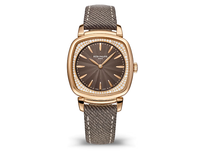 Patek Philippe Gondolo ref. 7043R-001 featuring a quartz movement, an embossed chestnut opaline dial with a diamond-set dial flange, and a 31x34.8mm 18k rose gold case on a calfskin strap.