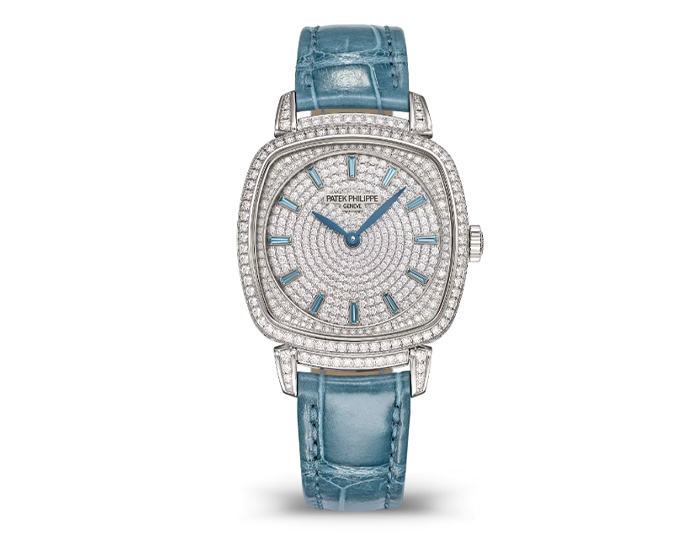Patek Philippe Gondolo ref. 7043/250G-001 featuring a quartz movement, a diamond and topaz-set dial, and a 31x34.8mm diamond-set 18k white gold case on an alligator strap with a diamond-set prong buckle.
