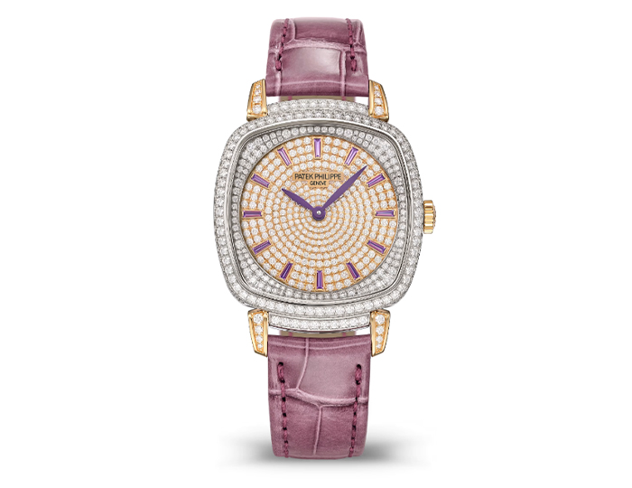 Patek Philippe Gondolo ref. 7043/250GR-001 featuring a quartz movement, a diamond and amethyst-set dial, and a 31x34.8mm diamond-set 18k white and rose gold case on an alligator strap with a diamond-set prong buckle.