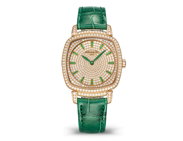 Patek Philippe Gondolo ref. 7043/250R-001 featuring a quartz movement, a diamond and tsavorite-set dial, and a 31x34.8mm diamond-set 18k rose gold case on an alligator strap with a diamond-set prong buckle.