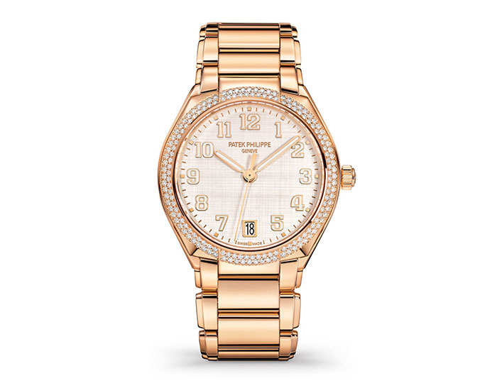 Patek Philippe Twenty~4 mechanical self-winding watch featuring a silvery, vertical and horizontal satin-finished dial and an 18k rose gold 36mm diamond case. (7300/1200R-010)