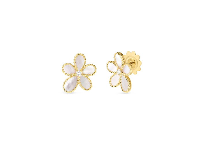 Roberto Coin Jasmine collection mother of pearl and round brilliant cut diamond flower earrings in 18k yellow gold.