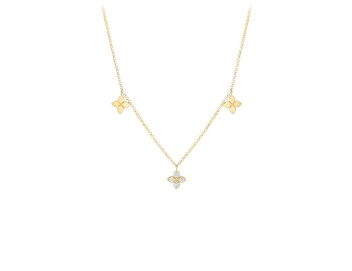 Roberto Coin Love by the Inch collection round brilliant cut diamond pendant in 18k yellow gold.