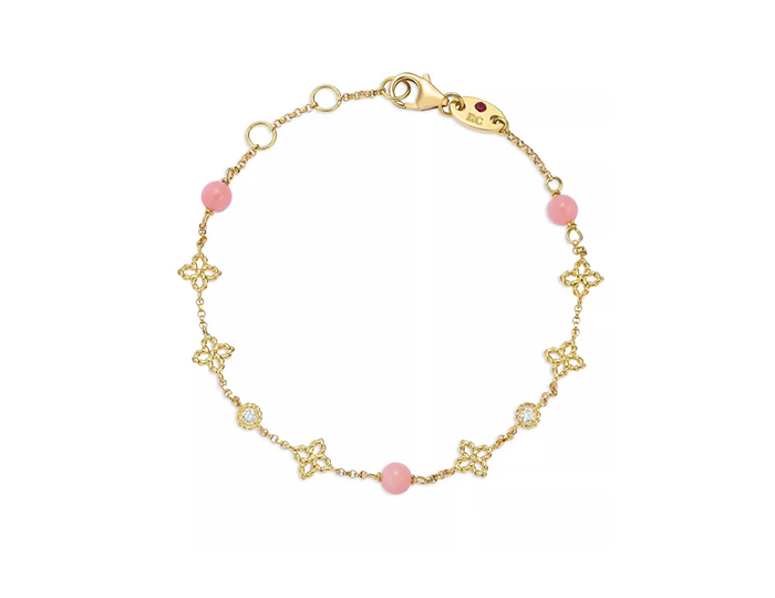 Roberto Coin Princess Flower collection pink opal and round brilliant cut diamond bracelet in 18k yellow gold.