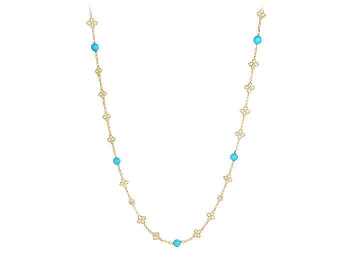 Roberto Coin Princess Flower collection turquoise and round brilliant cut diamond necklace in 18k yellow gold.
