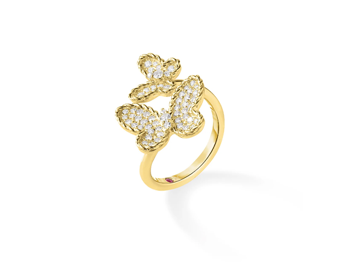 Roberto Coin Jasmine collection round brilliant cut diamond butterfly ring in 18k yellow gold.
