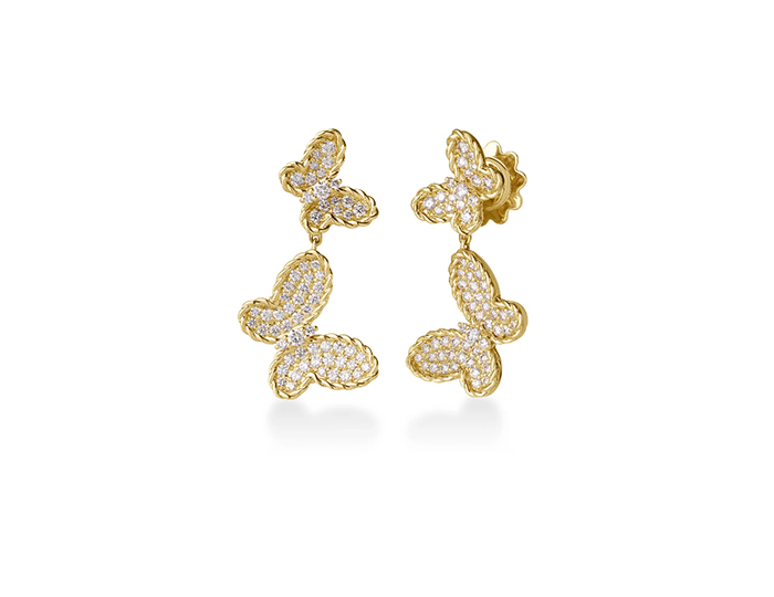 Roberto Coin Jasmine collection round brilliant cut diamond butterfly earrings in 18k yellow gold.