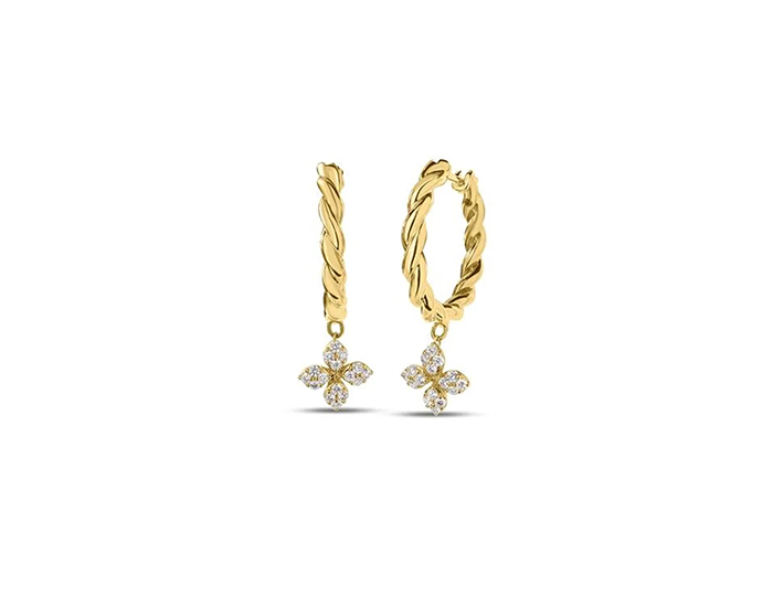 Roberto Coin Verona collection round brilliant cut diamond hoop earrings in 18k yellow gold.