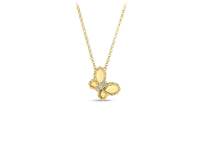 Roberto Coin Jasmine collection round brilliant cut diamond butterfly pendant in 18k yellow gold.