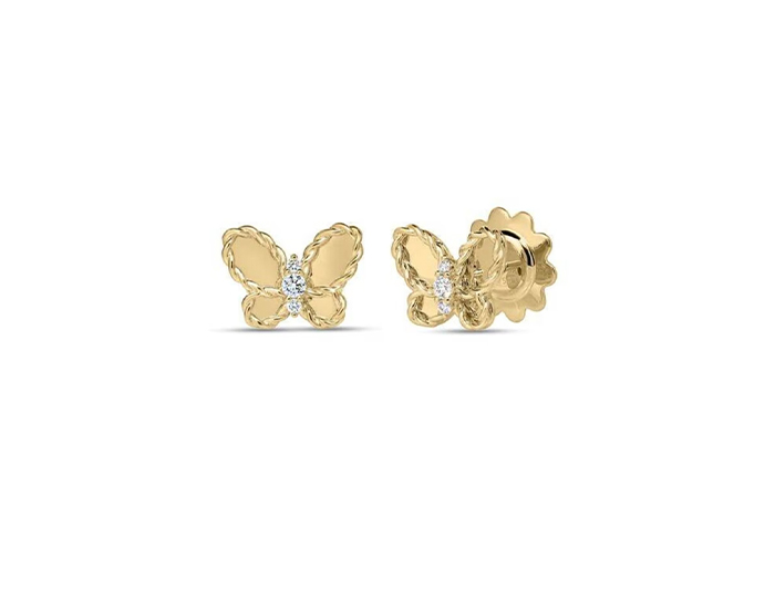 Roberto Coin Jasmine collection round brilliant cut diamond butterfly earrings in 18k yellow gold.