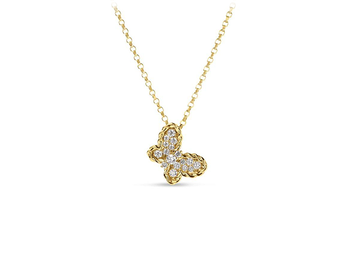 Roberto Coin Jasmine collection round brilliant cut diamond butterfly pendant in 18k yellow gold.