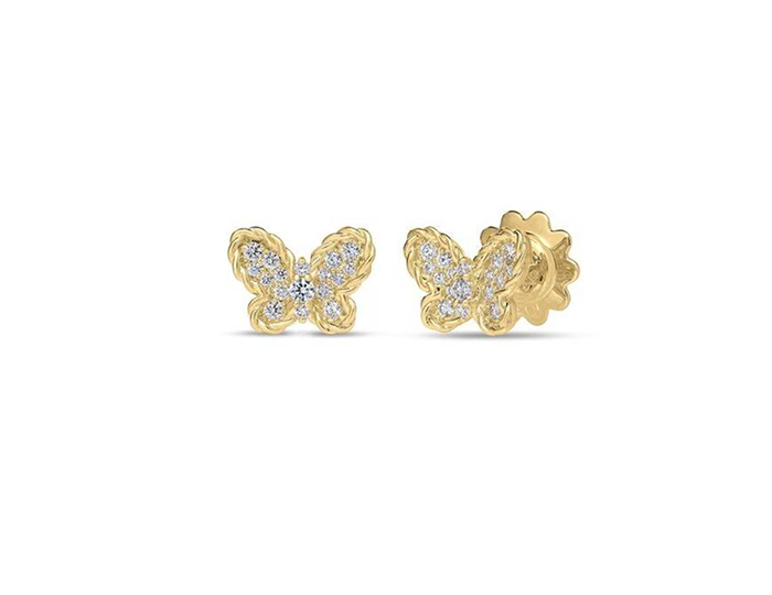 Roberto Coin Jasmine collection round brilliant cut diamond butterfly earrings in 18k yellow gold.