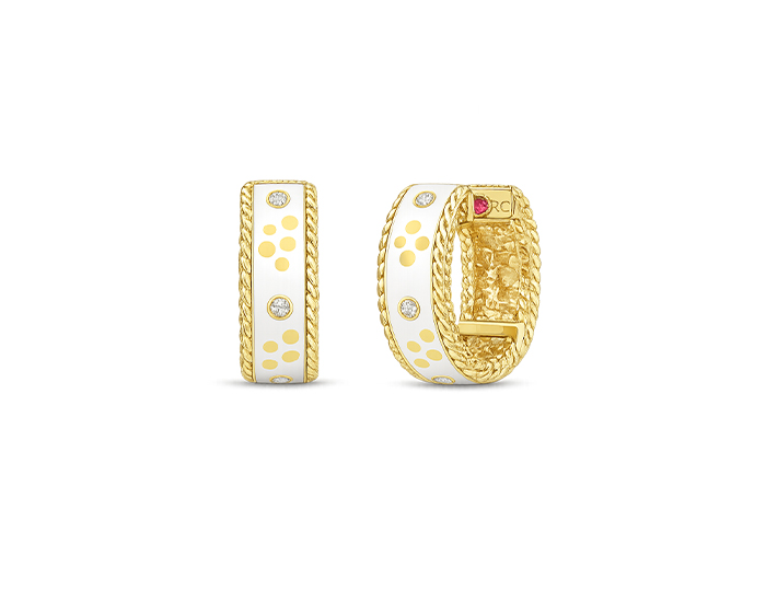 Roberto Coin Venetian Princess collection round brilliant cut diamond earrings in white enamel and 18k yellow gold.