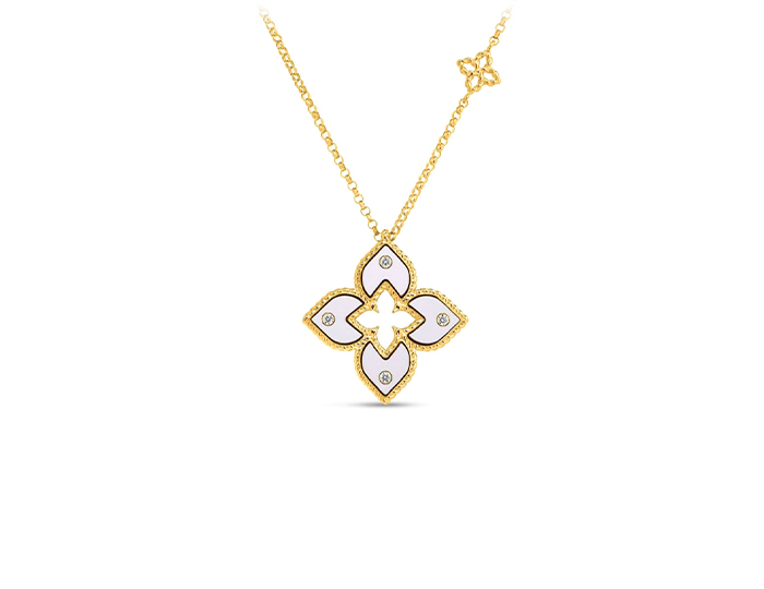 Roberto Coin Venetian Princess collection white enamel and round brilliant cut diamond flower pendant in 18k yellow gold.