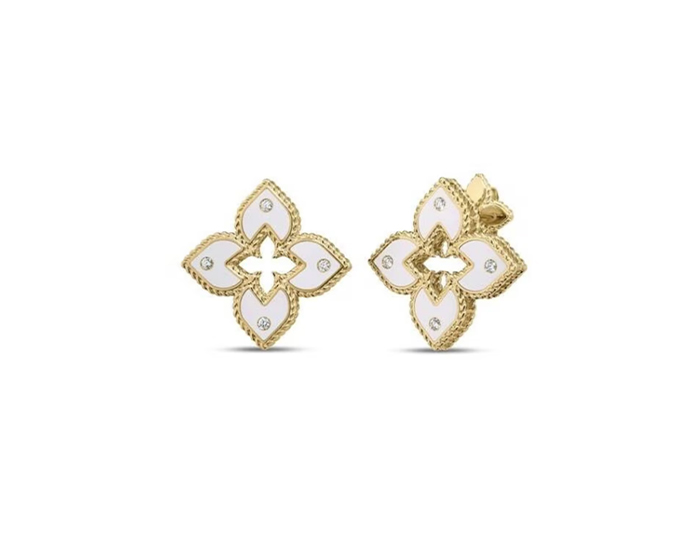 Roberto Coin Venetian Princess collection round brilliant cut and white enamel earrings in 18k yellow gold.
