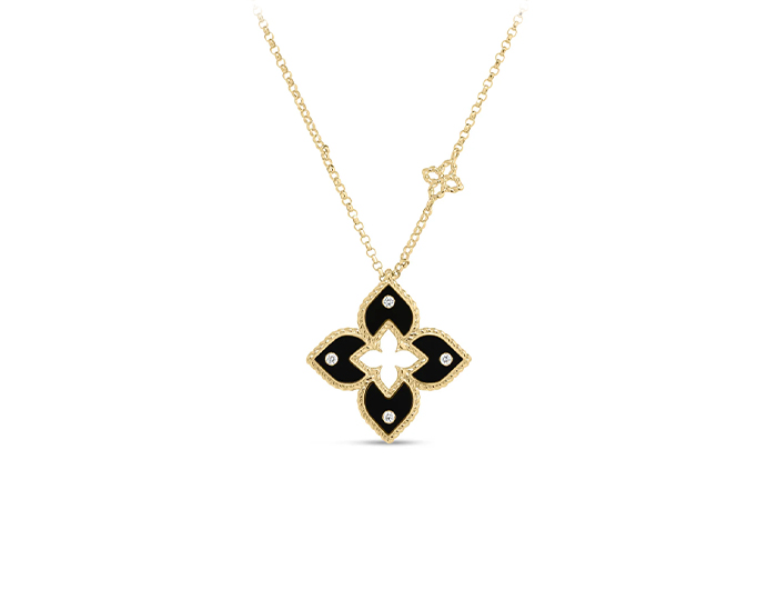 Roberto Coin Venetian Princess collection round brilliant cut and black enamel pendant in 18k yellow gold.