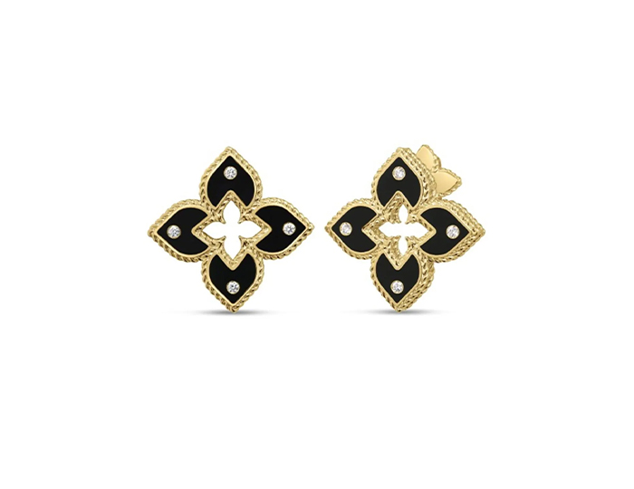 Roberto Coin Venetian Princess collection round brilliant cut earrings in black and enamel and 18k yellow gold.