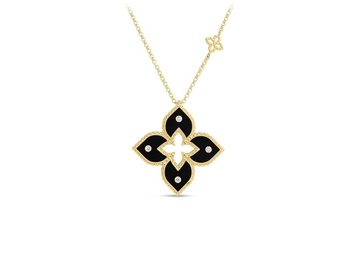 Roberto Coin Venetian Princess collection round brilliant cut diamond and black enamel pendant in 18k yellow gold.