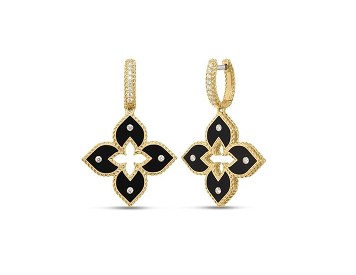 Roberto Coin Venetian Princess collection round brilliant cut and black enamel earrings in 18k yellow gold.