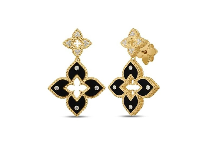 Roberto Coin Venetian Princess collection black enamel and round brilliant cut diamond flower earrings in 18k yellow gold.