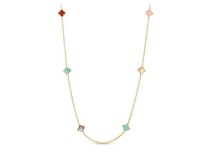 Roberto Coin Venetian Princess collection green agate, amazonite, amethyst, citrine, mother of pearl, opal and red agate necklace in 18k yellow gold.