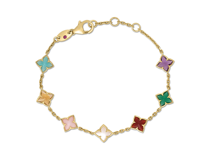Roberto Coin Venetian Princess collection green agate, amazonite, amethyst, citrine, mother of pearl, opal and red agate bracelet in 18k yellow gold.