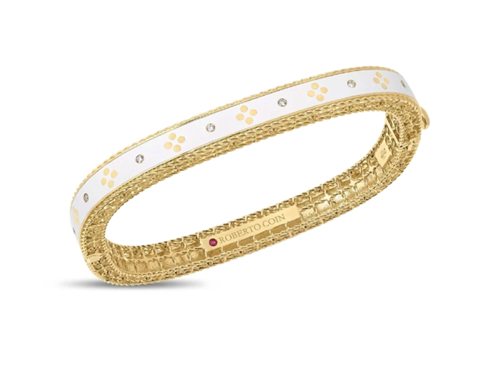 Roberto Coin Venetian Princess collection round brilliant cut bangle in white enamel and 18k yellow gold.