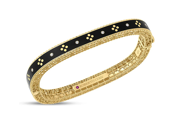 Roberto Coin Venetian Princess collection round brilliant cut diamond bracelet in black enamel and 18k yellow gold.