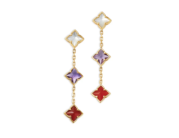 Roberto Coin Venetian Princess collection amethyst, mother of pearl and red agate earrings in 18k yellow gold.