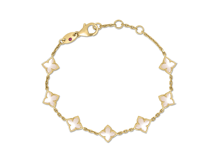 Roberto Coin Venetian Princess collection mother of pearl and ruby bracelet in 18k yellow gold.