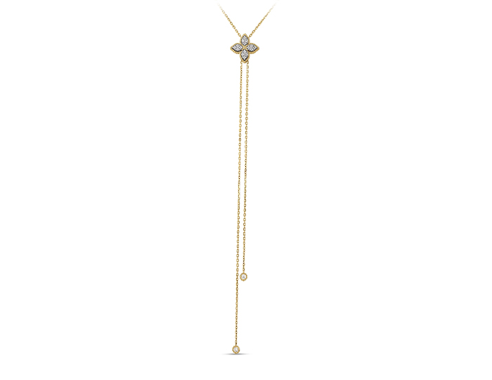 Roberto Coin Princess Flower collection round brilliant cut diamond necklace in 18k yellow gold.