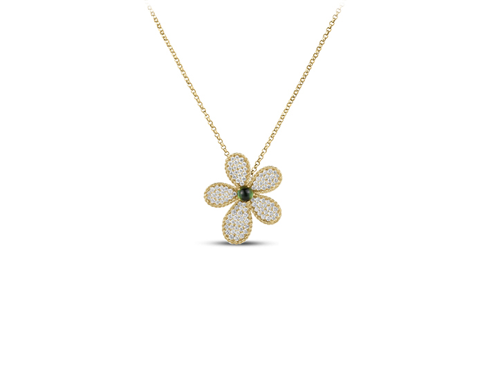 Roberto Coin Jasmine collection green tourmaline and round brilliant cut diamond pendant in 18k yellow gold.