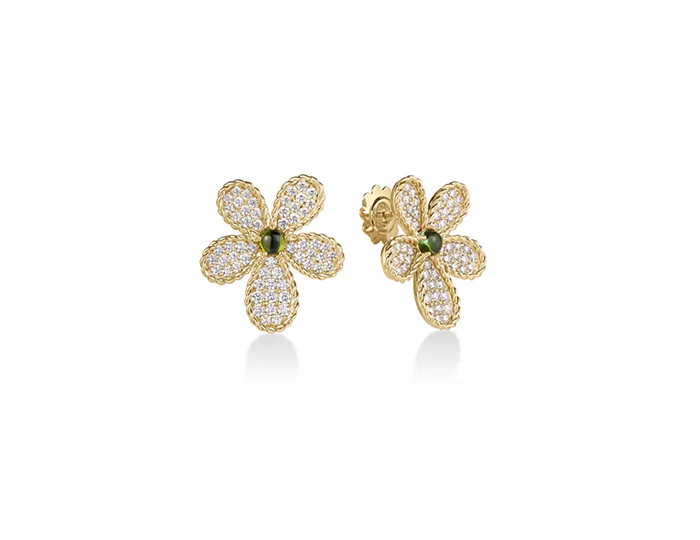 Roberto Coin Jasmine collection green tourmaline and round brilliant cut diamond earrings in 18k yellow gold.