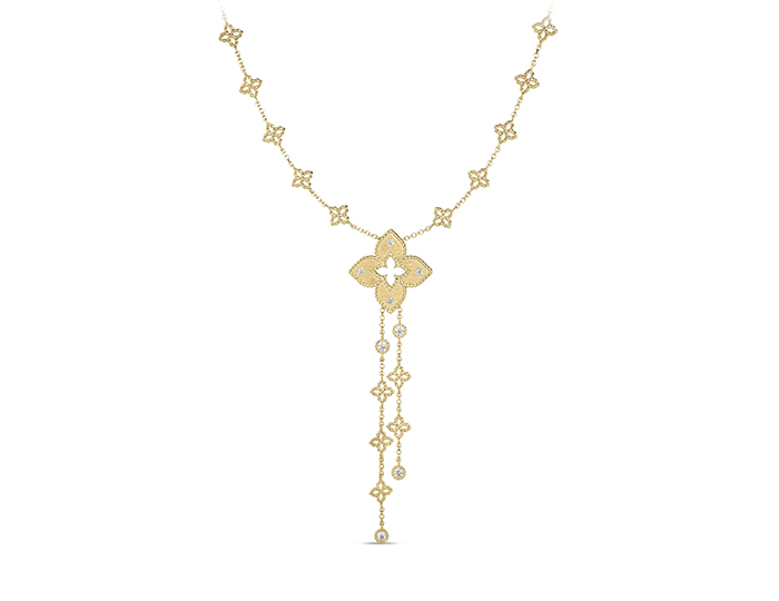 Roberto Coin Venetian Princess collection round brilliant cut diamond necklace in 18k yellow gold.